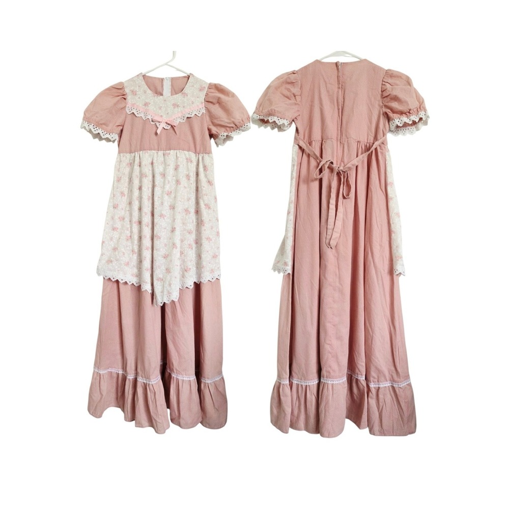Vintage Liberty House Hawaii Prairie Maxi Dress Girls 10 Pink Floral USA Cottage